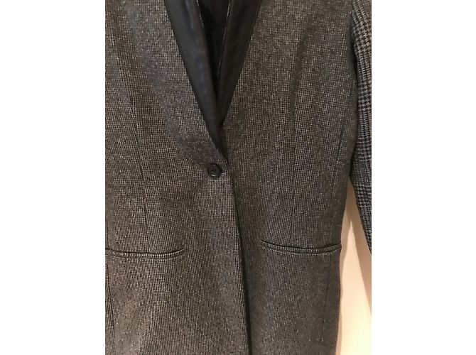 All Saints Grey Gingham Wool Coat with Leather Details - view 4