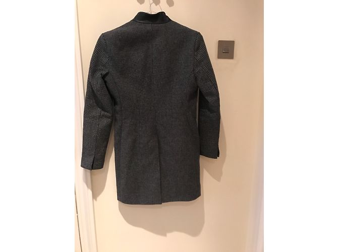 All Saints Grey Gingham Wool Coat with Leather Details - view 6