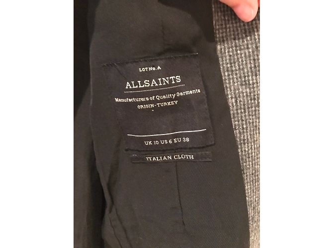 All Saints Grey Gingham Wool Coat with Leather Details - view 7