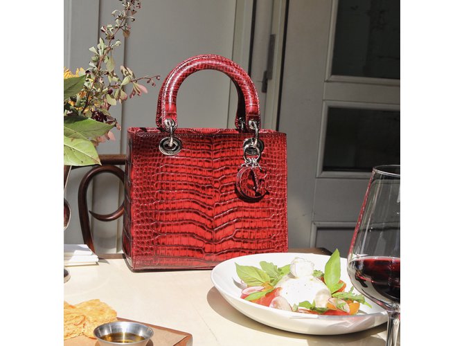 Christian Dior Lady Dior Red Crocodile Medium Bordò - vista 7