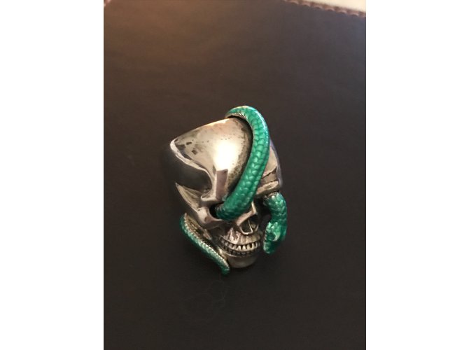 Théo fennel anello con teschio e serpente verde Argento - vista 3
