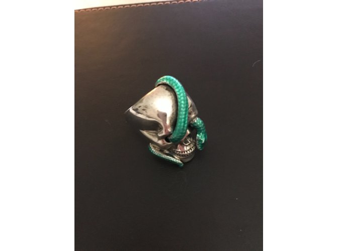 Théo fennel anello con teschio e serpente verde Argento - vista 4