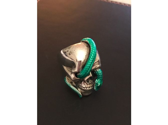 Théo fennel anello con teschio e serpente verde Argento - vista 6