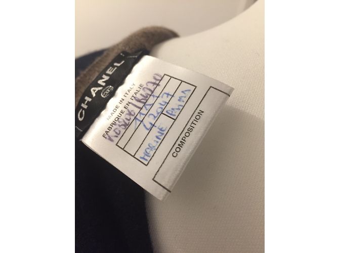 Chanel Kurzarm-Pullover aus Kaschmir und Wolle Taupe Navy Blau Marineblau - Ansicht 6
