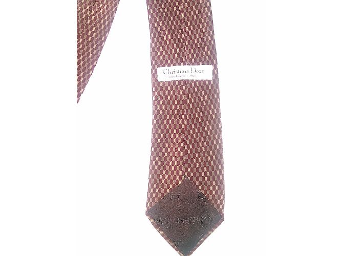 Cravatta Christian Dior Slim in Seta Stampata Marrone Beige Rosso Scuro Bordò - vista 5