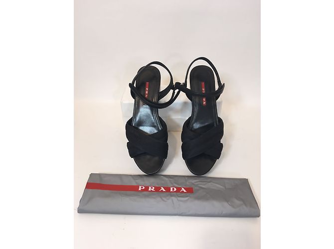 Sandali con zeppa Prada neri in pelle e tela Nero - vista 7