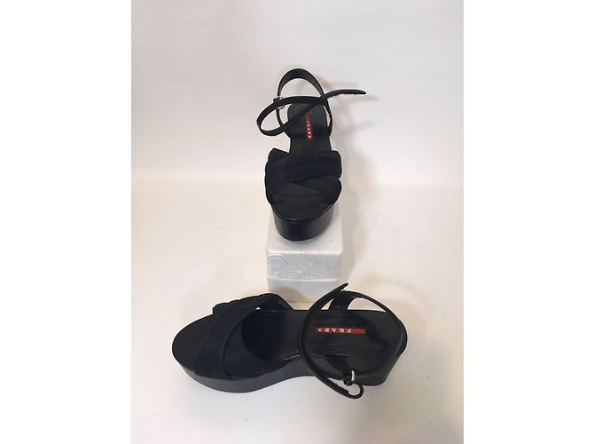 Sandali con zeppa Prada neri in pelle e tela Nero - vista 9