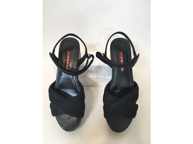 Sandali con zeppa Prada neri in pelle e tela Nero - vista 10