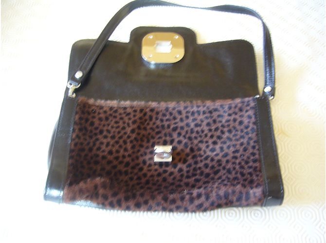 Borsa Longchamp in pelle e pelliccia marrone scuro - vista 3