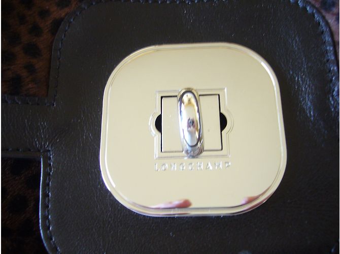 Borsa Longchamp in pelle e pelliccia marrone scuro - vista 5