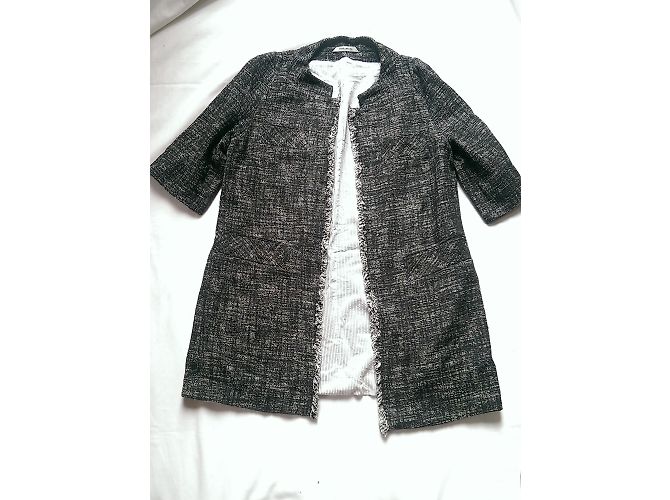 René Lezard Giacca Lunga in Tweed Grigio Seta e Cotone - vista 2