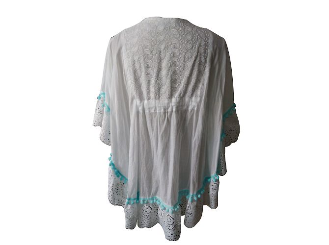Autre Marque Blusa Túnica de Algodón Blanco Bordado con Pompones Turquesa - vista 2