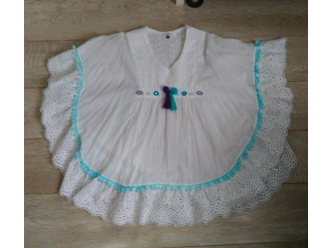 Autre Marque Blusa Túnica de Algodón Blanco Bordado con Pompones Turquesa - vista 3