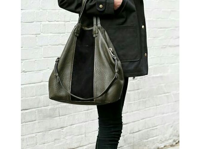 Grande borsa tote SéZane in pelle e scamosciata kaki nera Nero Cachi - vista 13