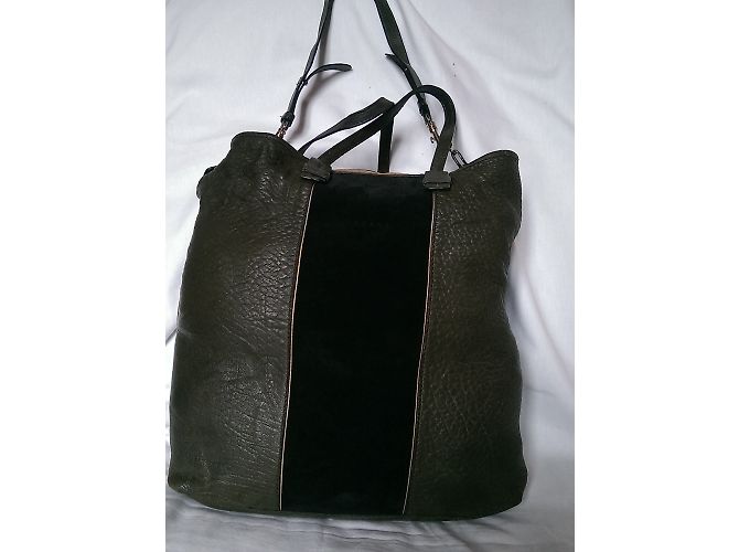 Grande borsa tote SéZane in pelle e scamosciata kaki nera Nero Cachi - vista 3