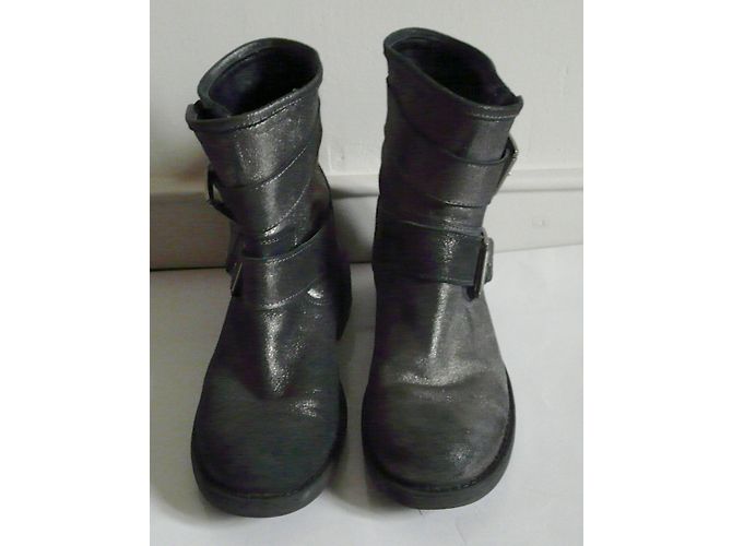 Autre Marque Biker Stiefeletten Silberne Leder 38 Metallisch Anthrazitgrau - Ansicht 3