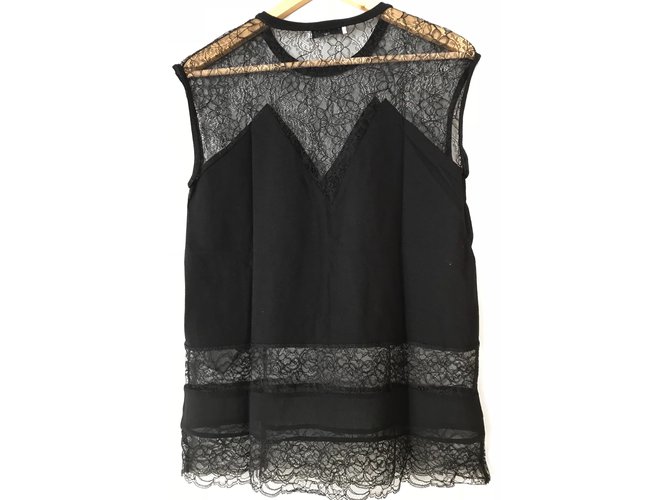 Top Sandro de algodón negro con inserciones de encaje - vista 2