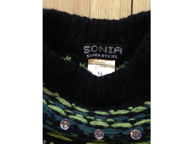 Sonia Rykiel ärmelloser Jacquard Pullover Merinowolle schwarz blau grün - Ansicht 2