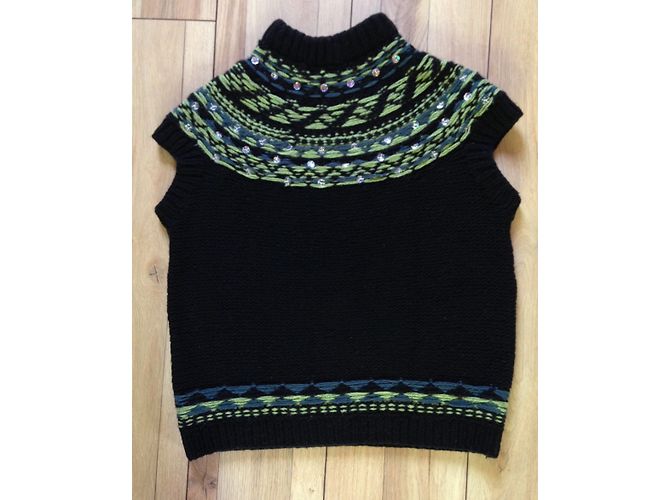 Sonia Rykiel ärmelloser Jacquard Pullover Merinowolle schwarz blau grün - Ansicht 3