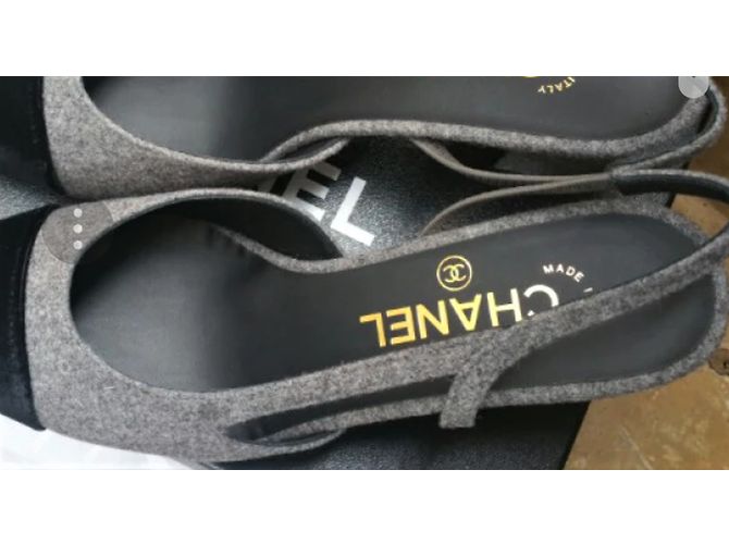 CHANEL slingback clássico saltos em veludo e tweed sz36 Cinza - vista 2