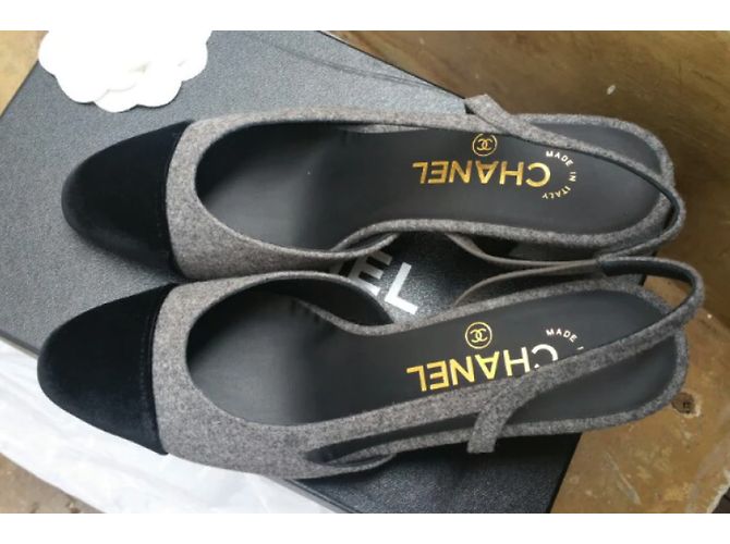 CHANEL slingback clássico saltos em veludo e tweed sz36 Cinza - vista 3