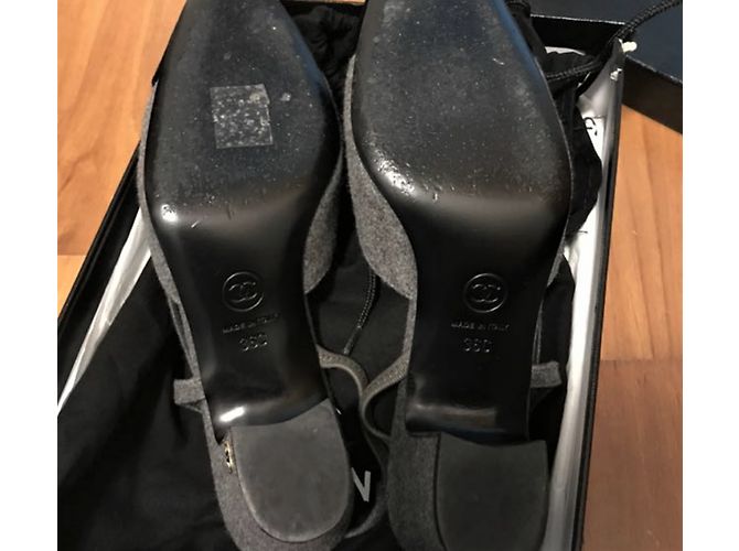 CHANEL slingback clássico saltos em veludo e tweed sz36 Cinza - vista 4