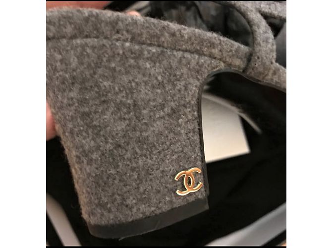CHANEL slingback clássico saltos em veludo e tweed sz36 Cinza - vista 5