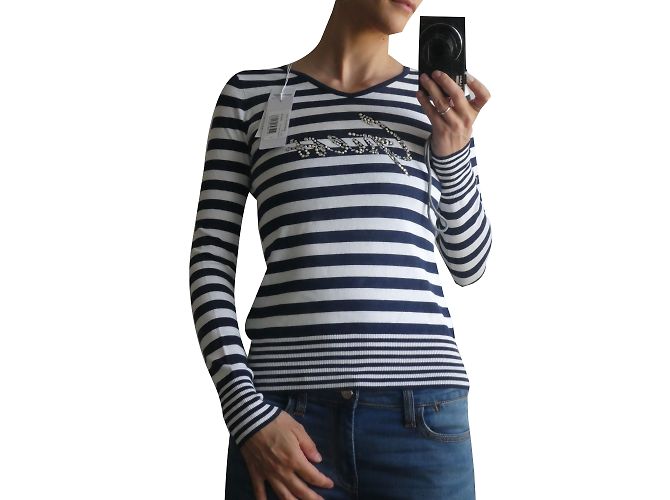 Maglia Guess a maniche lunghe bianca e blu navy in viscosa Bianco - vista 2