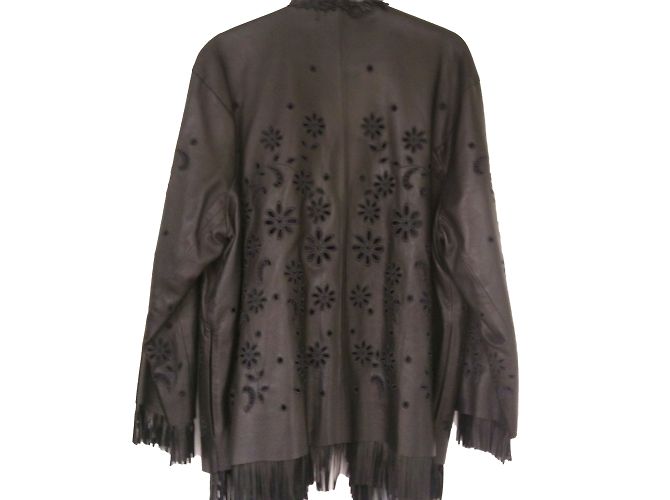 Ermanno Scervino Jacke aus schwarzem Leder mit Fransen und Blumen - Ansicht 2