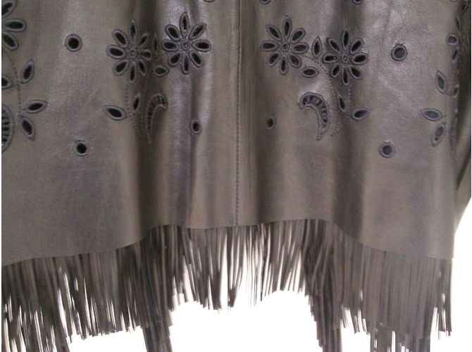 Ermanno Scervino Jacke aus schwarzem Leder mit Fransen und Blumen - Ansicht 3