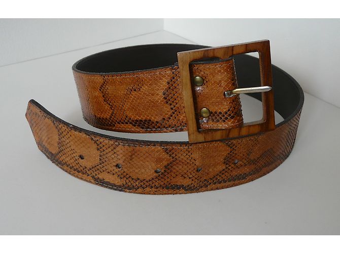 Autre Marque Python leather belt with wooden buckle caramel - view 2