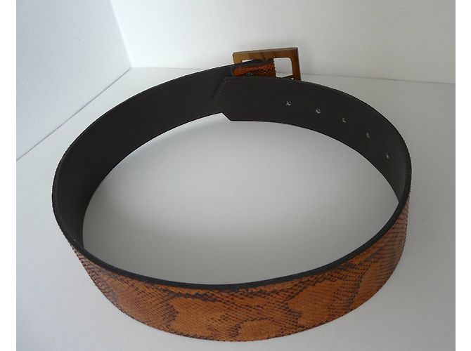 Autre Marque Python leather belt with wooden buckle caramel - view 3