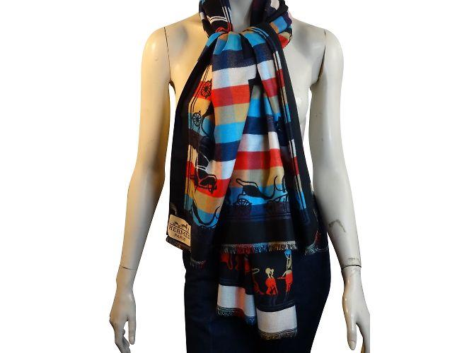 Sciarpa Hermès Etole XXL in cashmere blu nero rosso beige - vista 2