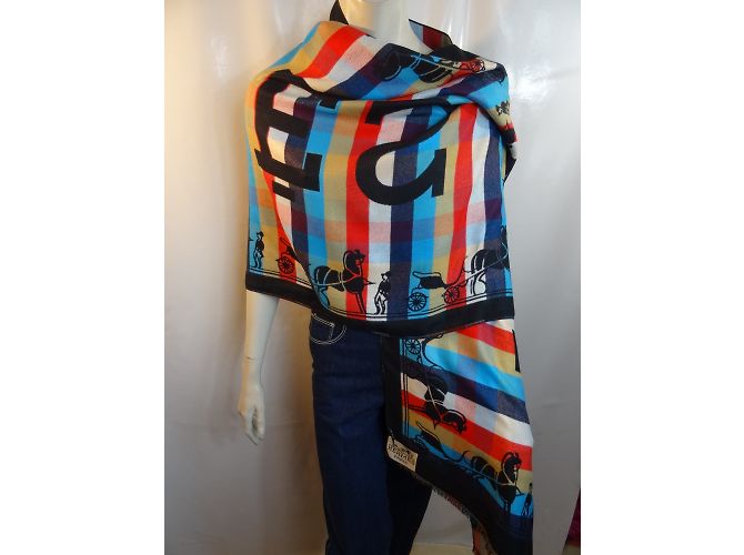 Sciarpa Hermès Etole XXL in cashmere blu nero rosso beige - vista 7