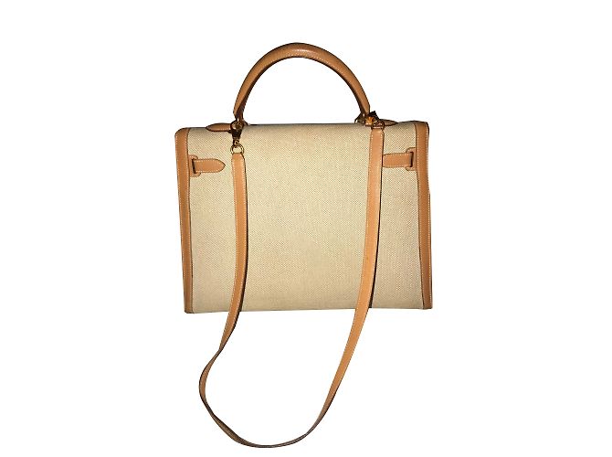 Hermès Kelly 35 Tela Sabbia e Pelle Cognac - vista 2