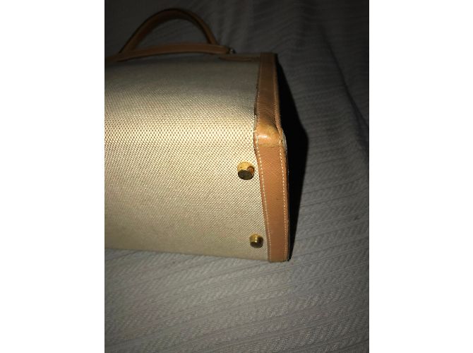 Hermès Kelly 35 Tela Sabbia e Pelle Cognac - vista 3