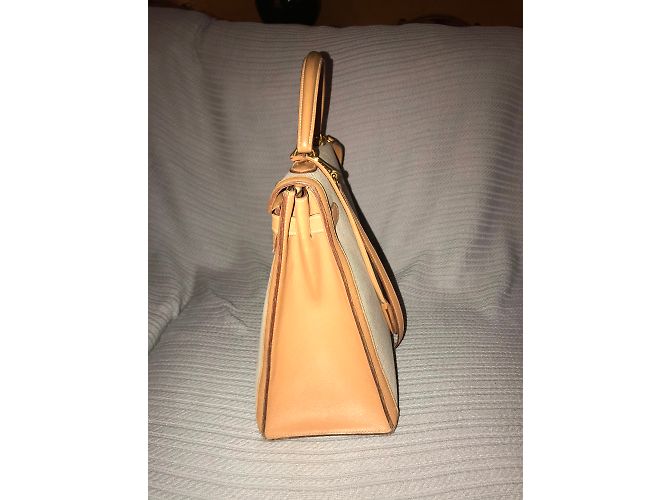Hermès Kelly 35 Tela Sabbia e Pelle Cognac - vista 5