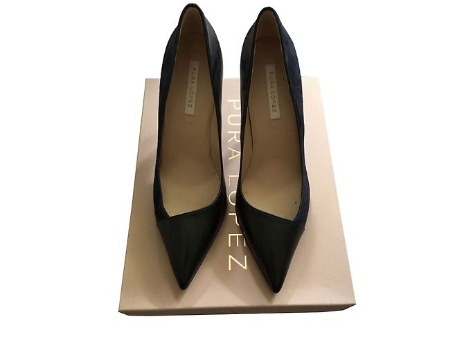 Décolleté Pura Lopez in pelle nera e camoscio blu navy Taglia 38 - vista 2