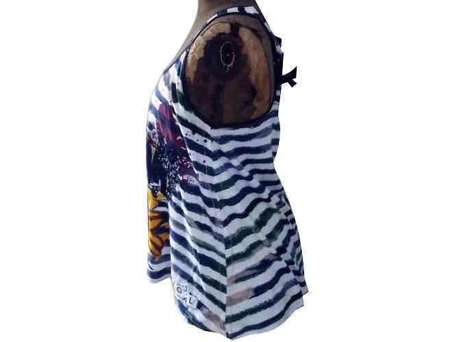 Canotta Desigual Bianca e Blu Navy in Cotone con Ricami Bianco - vista 2