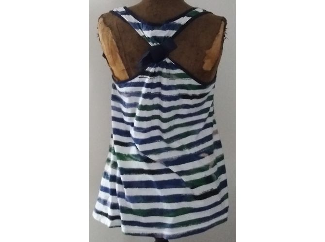 Canotta Desigual Bianca e Blu Navy in Cotone con Ricami Bianco - vista 3