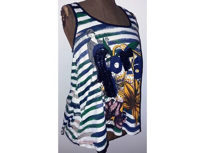 Canotta Desigual Bianca e Blu Navy in Cotone con Ricami Bianco - vista 4