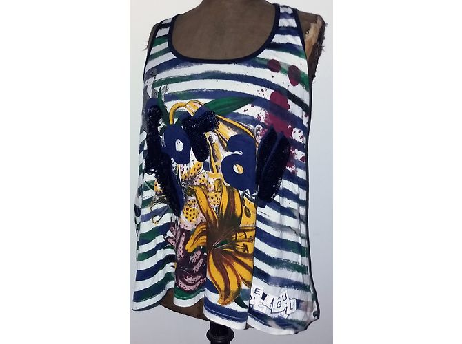 Canotta Desigual Bianca e Blu Navy in Cotone con Ricami Bianco - vista 5