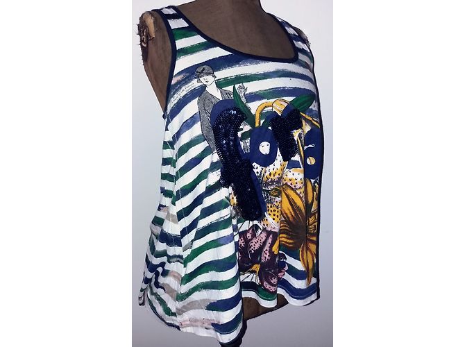Canotta Desigual Bianca e Blu Navy in Cotone con Ricami Bianco - vista 6