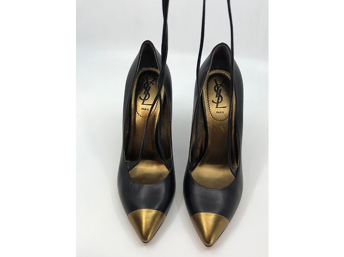 Décolleté Yves Saint Laurent in pelle nera con punta dorata 10,5 cm - vista 3