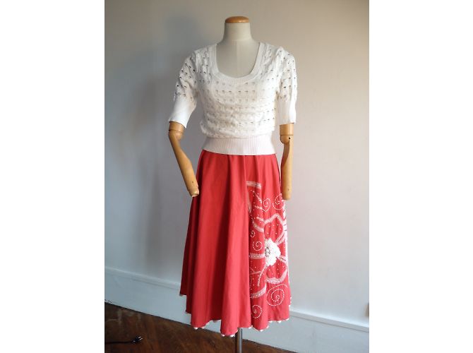 Falda Tara Jarmon Coral de Algodón con Bordados - vista 4