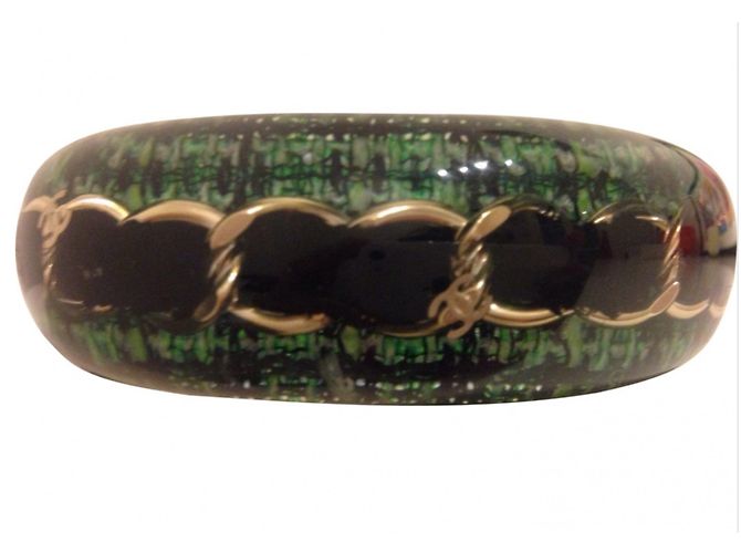 Bracciale Chanel in tweed verde e nero con catena - vista 2