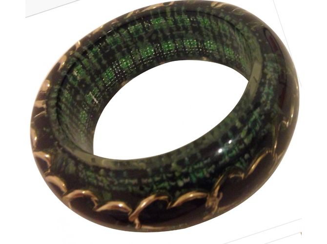 Bracciale Chanel in tweed verde e nero con catena - vista 3