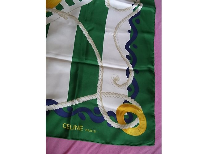 Céline Seidenschal Satin Grün Meeresmuster Weiß Golden - Ansicht 3