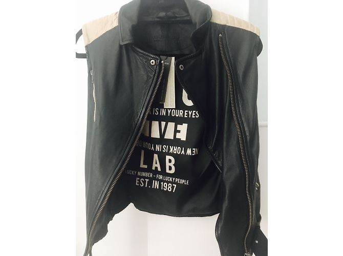 Ikks Biker Jacket Black and Beige Leather - view 6