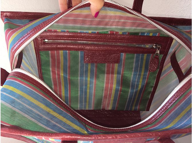 Balenciaga Bazaar Tasche Grün und Dunkelrot Leder und Stoff Bordeaux - Ansicht 4